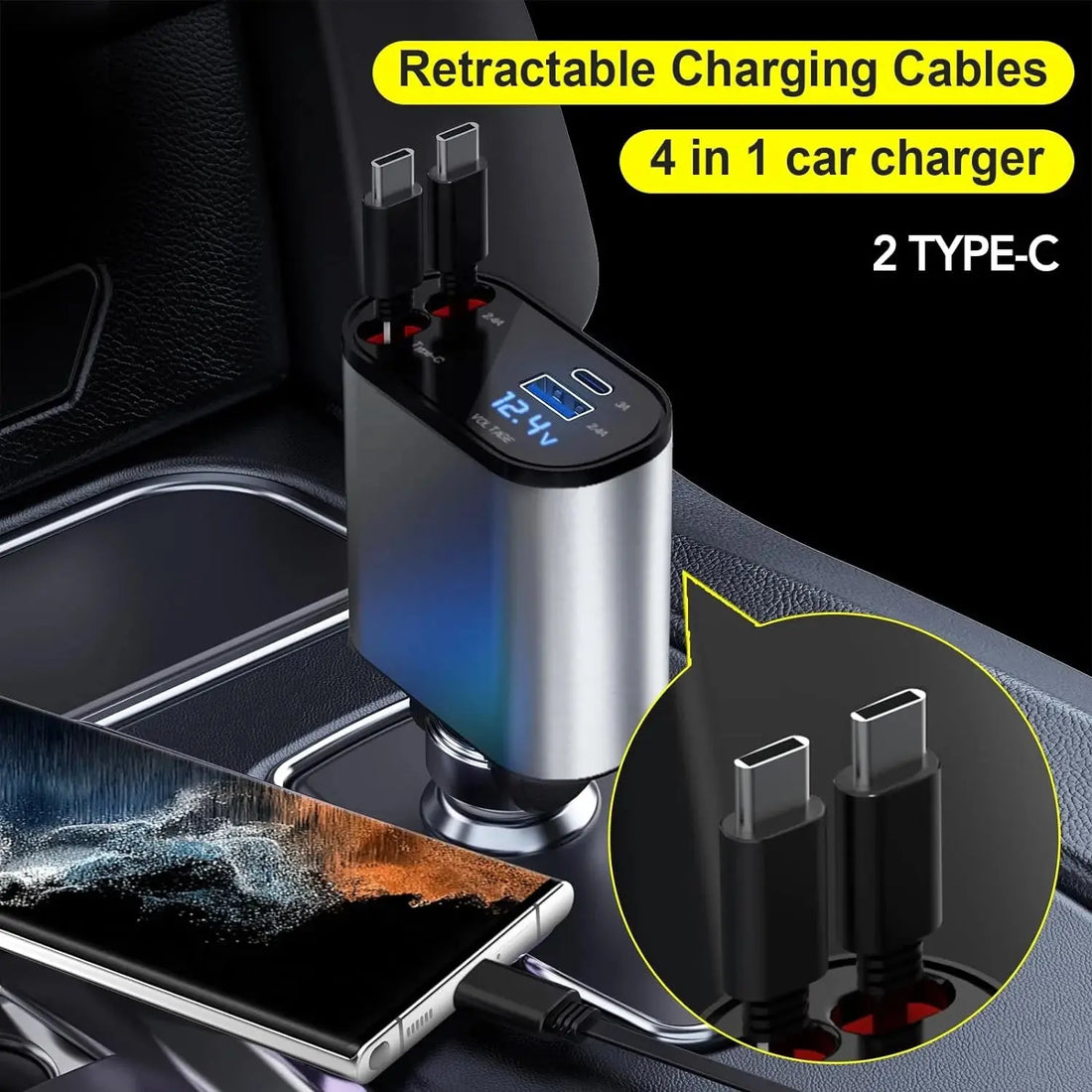 TIKTOK SHOP Retractable Car Charger, 4 in 1 Fast Car Phone Charger 66W, Retractable Cables and USB Car Charger,Compatible with Iphone 15/14/13/12/11,Galaxy,Pixel - Mary’s TT Shop