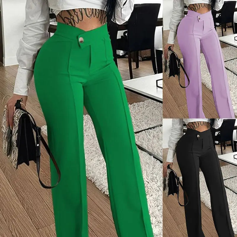 Slim Straight-leg Pants With Buckle Fashion Solid Color Trousers For Womens Clothing My Store