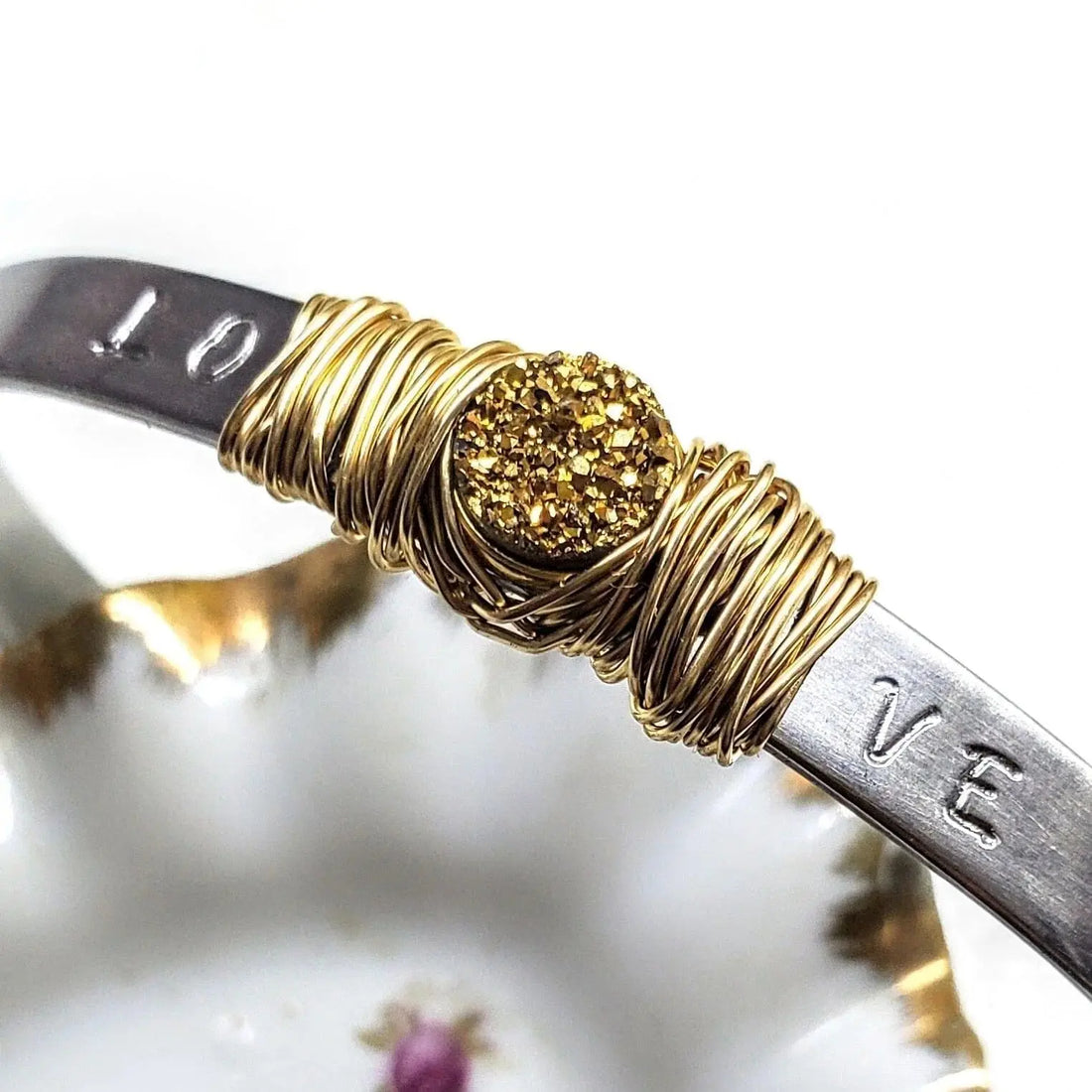 Stainless Steel LOVE Stamped Wire Wrapped Gold Druzy Cuff - Mary’s TT Shop