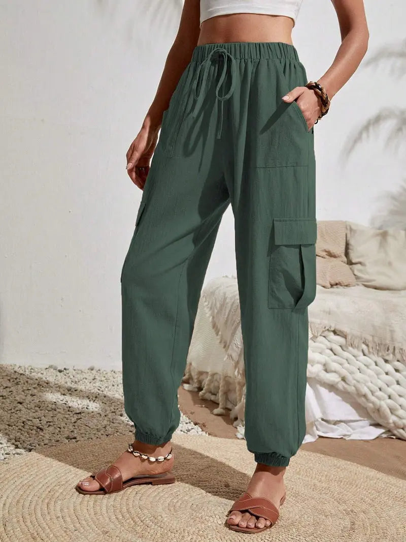 New Drawstring Overalls With Pockets Summer Cool Trousers Casual Versatile Solid Color Skinny Pants Womens Clothing My Store