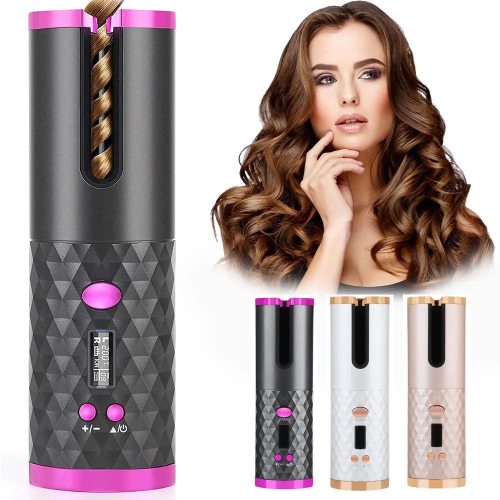 Rechargeable Automatic Hair Curler Women Portable Hair Curling Iron LCD Display Ceramic Curly Rotating Curling Wave Styer - Mary’s TT Shop