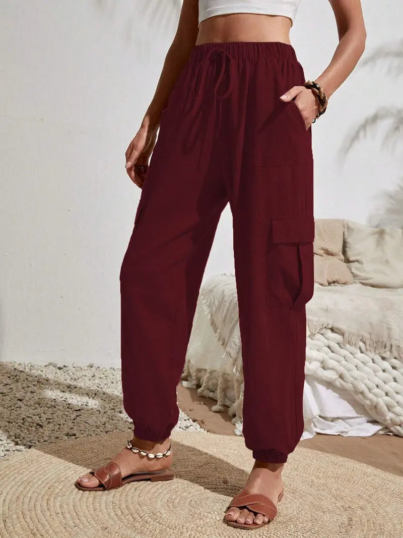 New Drawstring Overalls With Pockets Summer Cool Trousers Casual Versatile Solid Color Skinny Pants Womens Clothing My Store