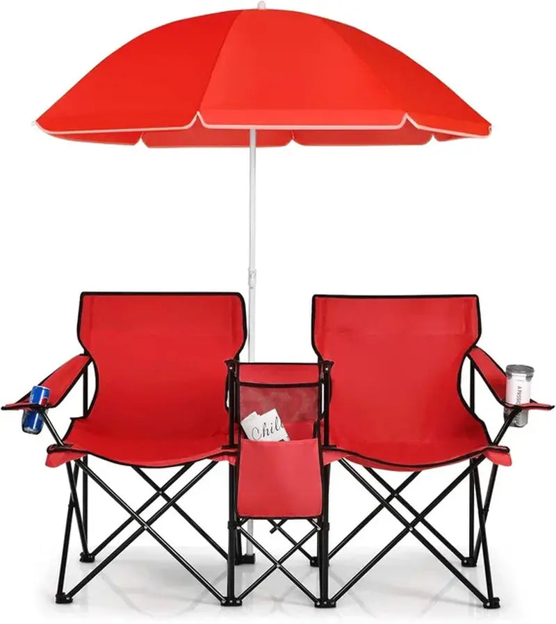 Portable Folding Picnic Double Chair W/Umbrella Table Cooler Beach Camping Chair for Patio Pool Park Outdoor - Mary’s TT Shop