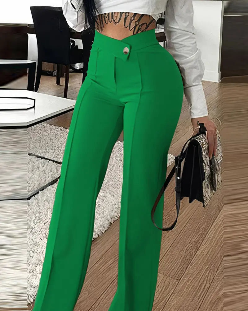 Slim Straight-leg Pants With Buckle Fashion Solid Color Trousers For Womens Clothing My Store